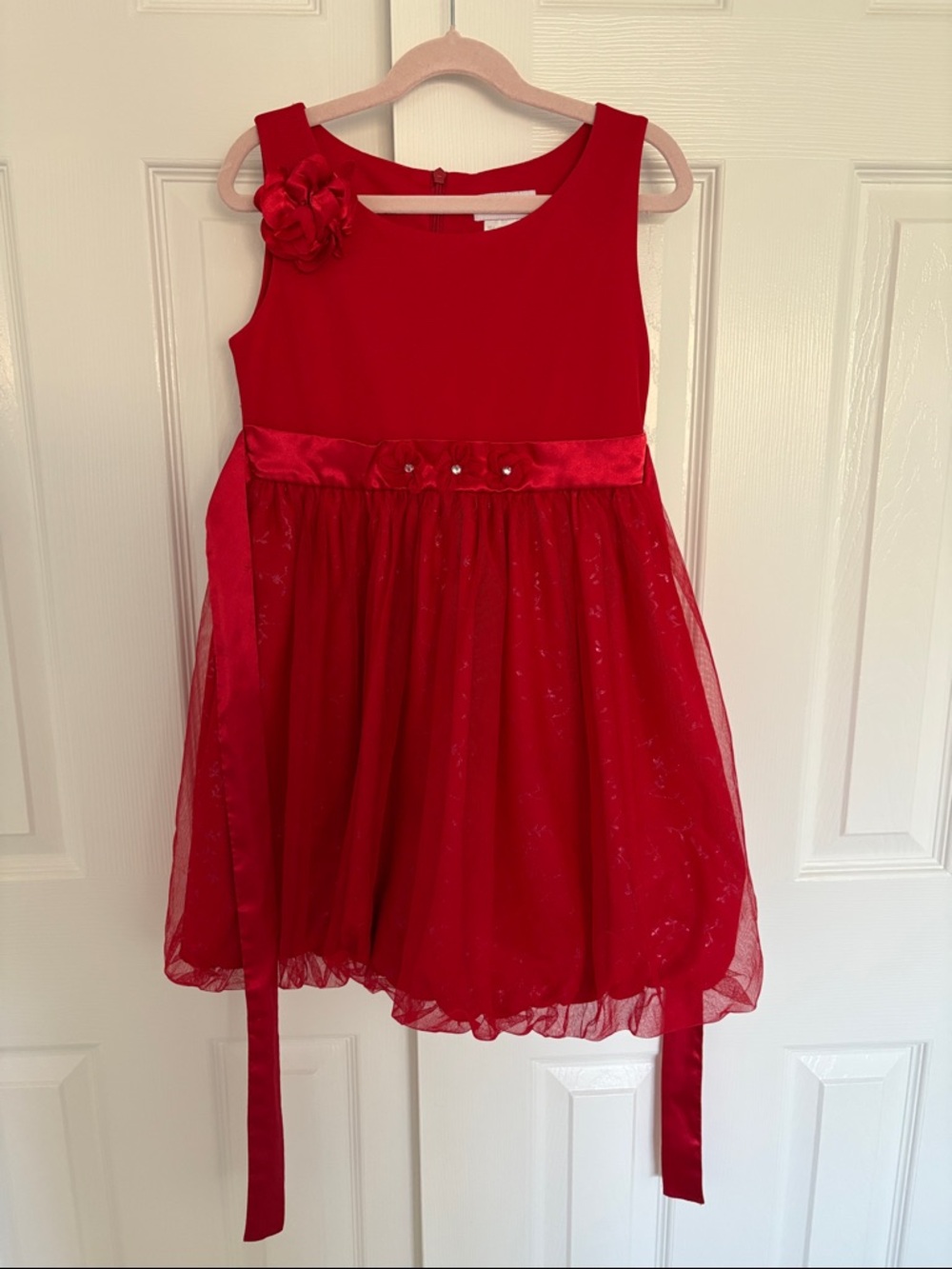 American Girl Red Sleeveless Tulle Party Dress with Floral Accent